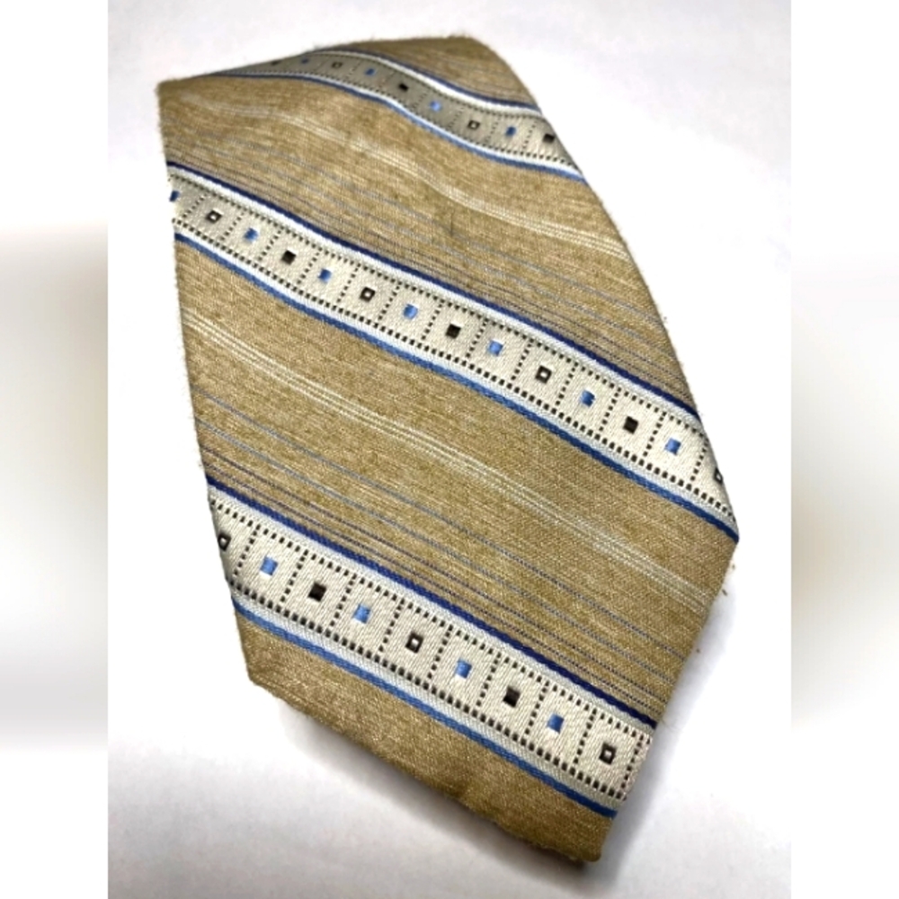 Vintage Don Loper Tie Tan Taupe Beige With Blue Polyester Made In USA